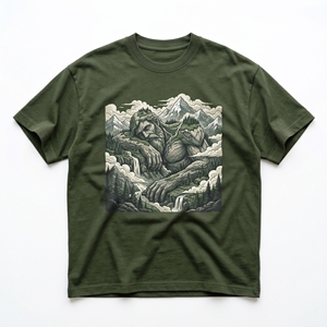 T-shirt géant Sleeping Earth |   T-shirt en coton lourd 240 GSM vert olive forêt avec paysage montagneux - Product Image 1