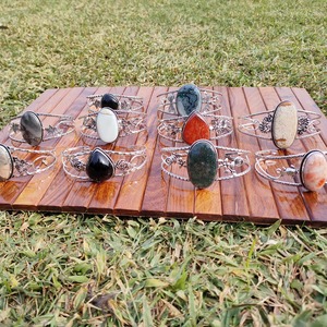 Brazaletes de Latón con Piedras Preciosas Naturales de Corte Ovalado, Perlas de Imitación, Bisel Plateado, Joyería Clásica Unisex para Regalo, Equilibrio Energético - Product Image 2