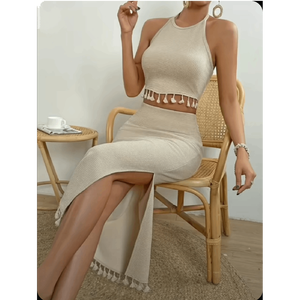 Ensemble haut court en tricot style bohème avec franges et jupe longue fendue sur le côté - Product Image 3