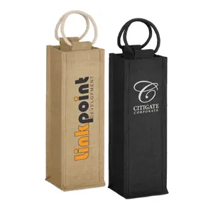 Custom Design Reusable Jute Single Bottle Bag environmentally friendly laminated natural jute with woven cotton handles