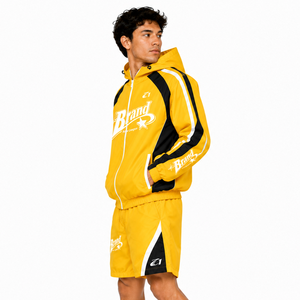 Veste coupe-vent jaune deux pièces personnalisée à faible MOQ, broderie patchwork, fermeture éclair, nylon, polyester, streetwear unisexe, shorts, sweats à capuche - Product Image 3