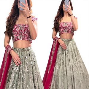 ชุดเลเฮนกาโชลีผ้าจอร์เจตต์คุณภาพพรีเมียม แฟชั่นฤดูร้อนสไตล์อินเดีย-ปากีสถาน ปักลายเลื่อม งานตัดเย็บประณีต ผ้าแคนแคน ผ้าปาตตา - Product Image 1