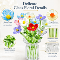 Arrangement floral miniature en verre fait main avec vase, fleurs en verre artistique colorées, décoration de bureau, cadeau, ensemble en gros