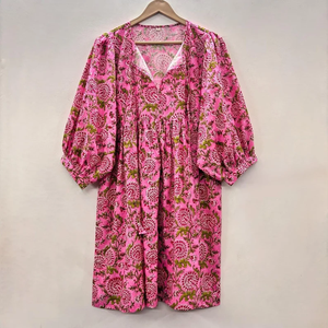 Vestido Casual Midi para Mujer, Tejido 100% Algodón, Liso, Manga Corta, Cintura Imperio, Estilo Babydoll, Cuello en V, Holgado, Funcional - Product Image 1