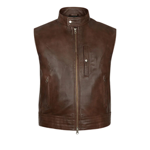 Men's Brown Genuine Leather Stand Collar Vest <b>Biker</b> <b>Waistcoat</b> Zipper - Product Image 1