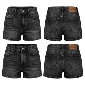 Shorts de Mezclilla de Algodón Premium para Mujer, 340 GSM, Negro Lavado, Cintura Media, Dobladillo Crudo, Logotipo Personalizado, Ropa Casual, Sólido, Simple, Ecológico - Product Image 1