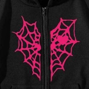 Black Hooded Zipper Sweatshirt With Pink Spiderweb And Heart Print Unisex Casual Autumn Wear - Product Image 4