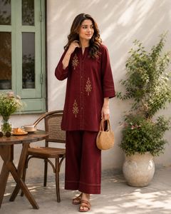 Conjunto de 2 piezas de algodón color granate con cordón, túnica vintage bordada para mujer, pantalones de pierna ancha, cuello en V, largo hasta el tobillo, talla grande, listo para Eid/Oración - Product Image 1
