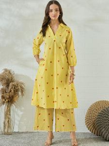 Yellow Striped Print Cotton Quick Dry <b>Kurta</b> Set <b>Women</b> Regular Fit Knee-Length Casual Wear India Pakistan Style Summer Outfit - Product Image 1