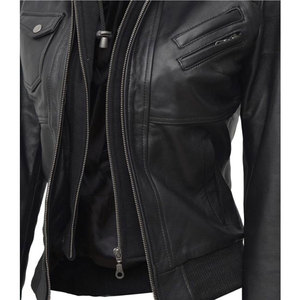 Premium Genuine Black Leather Hooded <b>Jacket</b> Women Detachable Fleece Hoodie Windproof Warm Winter Motorcycle Bomber - Product Image 6