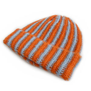 New Style Faux Fur Color-blocked Striped Knit Hat Men Women Fashion Warm Cuffed Winter Thicken Beanie - Product Image 5