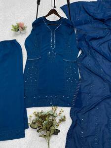 Conjunto de Traje Palazzo Mal Chanderi Elegante Más Vendido con Bordado de Lentejuelas y Espejo Hecho a Mano y Dupatta de Organza Premium - Product Image 6