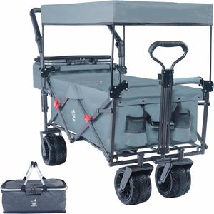 Collapsible Heavy Duty Folding Wagon Cart Removable Canopy 4\" Wide Large All Terrain Wheels Adjustable Hand Brake for Camping - Product Image 1