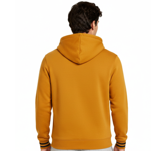 Sudadera con capucha para hombre, color amarillo mostaza, con puños negros a rayas, estilo streetwear, con logotipo personalizado OEM. - Product Image 4