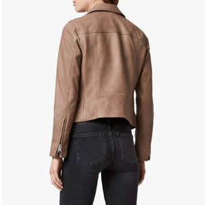 Women's Genuine Leather <b>Biker</b> <b>Jacket</b> Brown Zipper Closure Turn-down Collar Moto Style Outerwear - Product Image 3