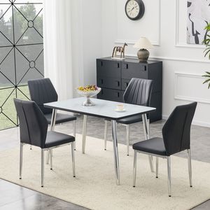 Set da Pranzo con Tavolo in Vetro Effetto Marmo Bianco e Base in MDF, Gambe Affusolate in Metallo Argento, 4 Sedie Abbinate - Product Image 3