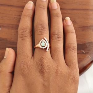 Namivaa 18K Rose Gold Green Gemstone Pear Shape <b>Ring</b> Diamond Halo Modern Curved <b>Statement</b> Design Women Wedding Party Fine - Product Image 6