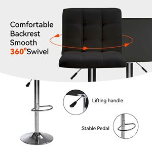 Set di 2 Sgabelli da Bar Alti con Cuscino Quadrato, Sgabelli da Bar Neri con Schienale e Poggiapiedi, 1 Set - Product Image 4