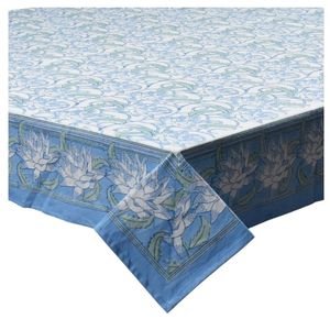 Mantel Rectangular Clásico con Estampado Floral, Algodón Estampado a Mano BlueWood, 150x220 cm, Elegante Color Azul Gud con Loto Japonés - Product Image 3
