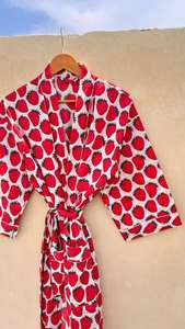 ชุดคลุมกิโมโนผ้าฝ้ายอินเดีย, ชุดคลุมเพื่อนเจ้าสาวลายบล็อกพิมพ์, ชุดนอนฤดูร้อน, ไซส์เดียว - Product Image 3