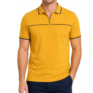 Polo à manches courtes jaune moutarde pour homme, couleur unie, design décontracté avec fermeture éclair, tissu en coton, coupe classique, logo brodé - Product Image 4