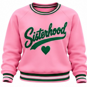 Pink Women Casual Crewneck <b>Sweatshirt</b> Sisterhood Graphic <b>Heart</b> Design Knitted Rib Trim Long Sleeve Pullover Custom Fashion - Product Image 1