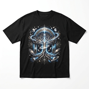 Cosmic Tree of Life T-<b>Shirt</b> | Matte Black 240 GSM Heavyweight Cotton Tee with Galaxy Space Planets Print - Product Image 1