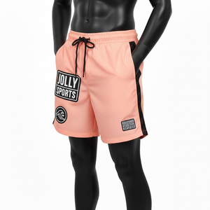 Shorts de baño para hombre Premium 120 GSM de microfibra de poliéster de secado rápido color melocotón con paneles laterales de malla y logo con transferencia térmica. - Product Image 4