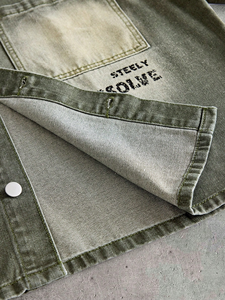 <b>Mens</b> <b>Denim</b> <b>Shirt</b> Washed Olive Graphic Print Short Sleeve Boxy Collegiate Streetwear Vintage Button Front - Product Image 5