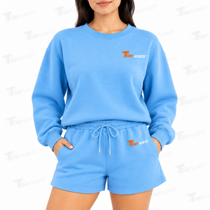 <b>Women's</b> Light <b>Blue</b> 2 Piece Shorts Set Crew Neck Sweatshirt Embroidered Loose Fit Casual Spring Autumn <b>Women</b> Summer set - Product Image 6