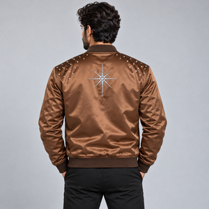 Mens Fashionable <b>Rhinestone</b> Satin Bomber <b>Jacket</b> Premium Shiny Crystal Embellished Streetwear Coat with Stylish Star Designs - Product Image 3