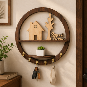 Modern Round Wooden <b>Key</b> Holder <b>Wall</b> Shelf <b>for</b> Entryway Decor | Decorative Sweet Home <b>Key</b> <b>Rack</b> with Storage Shelf & <b>Wall</b> Mounted - Product Image 2