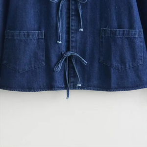 Women's Knitted Polyester Casual Front Button Lapel Bow <b>Tops</b> Bowknot Decor Long Sleeve Pocket Washed Denim Shirt All Seasons - Product Image 3