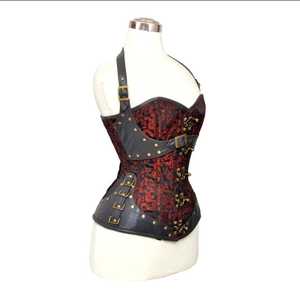 OEM ODM Corset en cuir damassé rouge pour femme, style gothique, respirant, à haute compression, avec crochets et œillets dorés, gaine sculptante à maintien ferme - Product Image 2
