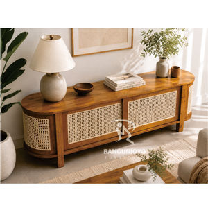 Mueble de TV Moderno de Madera con Panel de Ratán, Mueble de Salón con Almacenamiento, Diseño de Mediados de Siglo - Product Image 2