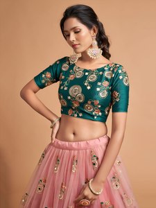 Pink Long <b>Net</b> Lehenga Choli Set with Real Mirror Work and Sequences Embroidery for Indian Wedding Dress for Women - Product Image 3