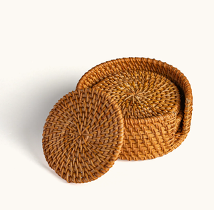 BOHO Rattan <b>Coaster</b> Drink Mats Natural Weave Design Handmade Pcs <b>Set</b> Rattan <b>Coasters</b> <b>with</b> Round <b>Holder</b> - Product Image 1