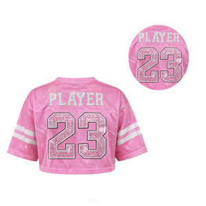 Y2K American Football Jersey Pink Rhinestone <b>Crop</b> <b>Top</b> Women <b>Sequins</b> Personalized Custom Mesh Glitter Varsity Sports Teamwear - Product Image 4