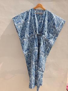 Blue Floral Print <b>Kaftan</b> Dress Women Sleeveless Maxi Loose Fit V-Neck Wrap Tie <b>Summer</b> Casual Woven Cotton Dress - Product Image 1