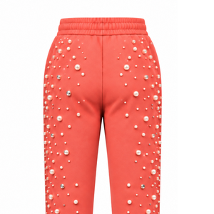 Coral Pearl Beaded <b>Jogger</b> Pants <b>Women</b> Fashion Embellished Drawstring Sweatpants Luxury Casual Streetwear <b>Fleece</b> Bottoms - Product Image 4