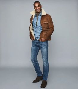 Men's Reversible Sherpa Lined Leather Aviator Shell <b>Jacket</b> Windproof Zip-Up with Front Pockets for Winter - Product Image 2