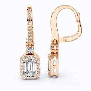 Emerald Cut Lab Grown Diamond Dangle <b>Earrings</b> <b>14K</b> <b>Gold</b> Halo Lever Back <b>Hoop</b> Jewelry for Women - Product Image 1