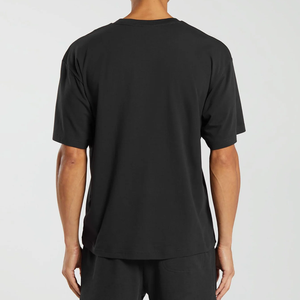 T-shirt à manches courtes pour homme, col rond, noir, coupe ample, couleur unie, style jersey décontracté, 100% coton respirant - Product Image 2