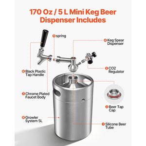 Sistema de dispensación de cerveza presurizado tipo Growler de 5L/10L (170oz) con kit de acero inoxidable 304, regulador de CO2 y grifo de cierre automático - Product Image 3