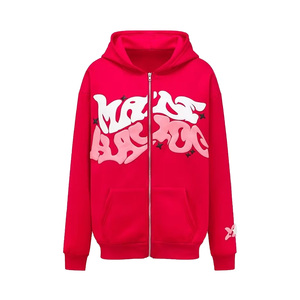 Sudadera con capucha roja para hombre al por mayor, estilo urbano, oversize, de algodón French Terry, con estampado gráfico y logo frontal, manga regular, para otoño. - Product Image 1
