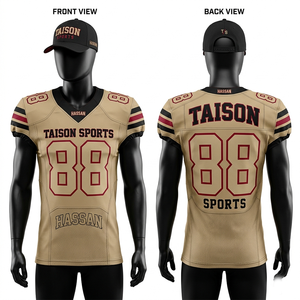 Camiseta de fútbol americano para hombre de malla de poliéster y spandex premium de 220 GSM, beige, granate, verde, con paneles en los hombros y detalles en twill termoadhesivos. - Product Image 2