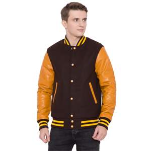 แจ็คเก็ตวาร์ซิตี้แบบ Letterman สำหรับฤดูหนาว ผลิตตามสั่ง (OEM) ทำจากผ้าขนแคชเมียร์แท้ 100% แขนเสื้อทำจากหนังวัวแท้ สีน้ำตาลเข้มและสีส้ม - Product Image 1