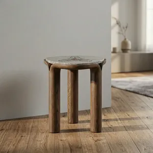 Modern Solid Wood Side <b>Table</b> With White Marble Top Handmade Round Three Leg Accent <b>End</b> <b>Table</b> for Living Room Decor - Product Image 3