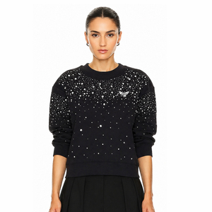 Sudadera Negra con Tachuelas para Mujer, Sudadera de Algodón Premium con Cuello Redondo, Sudadera Informal con Pedrería, Estilo Europeo y Estadounidense - Product Image 1