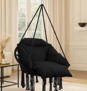 Macrame <b>Hammock</b> Hanging Chair with Cushion, Beige Boho Swing <b>Seat</b> for Bedroom Porch Balcony - Product Image 2